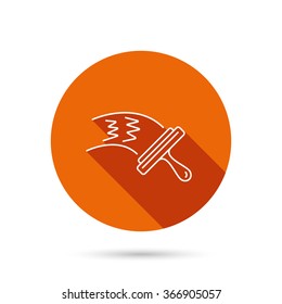 Washing windows icon. Cleaning sign. Round orange web button with shadow.