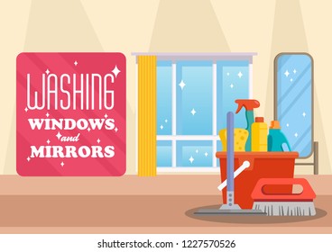 Washing Windows and Mirrors Concept. Cleaning Service Business. Housework at Home. Sparkling Clean Windows. Bucket, brush and Detergent. Advertising Banner Cleaning Service. Vector Flat Illustration.