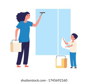 Washing windows. Spring home cleaning, clean equipment. Mother son near window with fabric. Cleaners cartoon vector characters