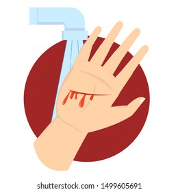 Washing wound on the hand palm under water. Clean the bloody cut, first aid procedure. Medicine concept. Isolated vector illustration in cartoon style