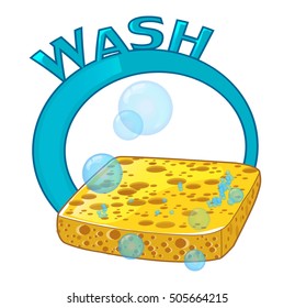 washing. Yellow sponge and soap bubbles on a white background