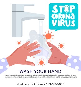 Washing your hands with soap under the faucet to prevent COVID-19. Stop coronavirus lettering phrase. Precautions for 2019-nCoV Coronavirus spread of the virus. Vector illustration.