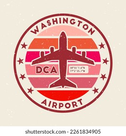 Washington airport insignia. Round badge with vintage stripes, airplane shape, airport IATA code and GPS coordinates. Astonishing vector illustration.