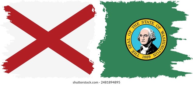 Washington and Alabama states grunge brush flags connection, vector