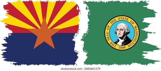 Washington and Arizona states grunge brush flags connection, vector