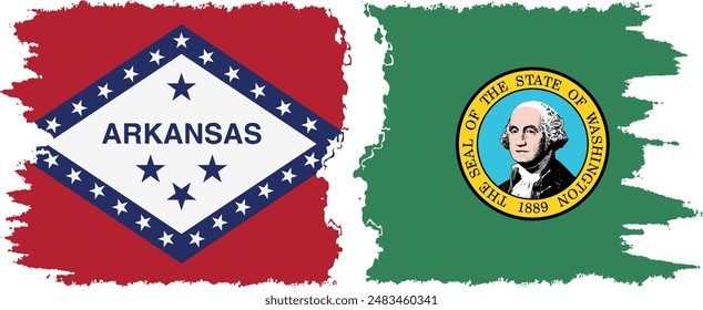 Washington and Arkansas states grunge brush flags connection, vector