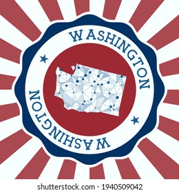 Washington Badge. Round logo of US state with triangular mesh map and radial rays. EPS10 Vector.