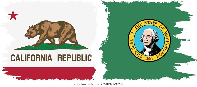 Washington and California states grunge brush flags connection, vector