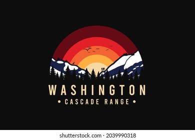 Washington cascade range, silhouette retro style