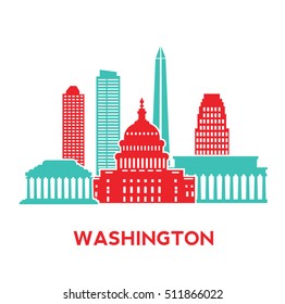 Washington city architecture retro vector illustration, skyline city silhouette, skyscraper, flat design