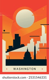 Afiche de brutalismo de la ciudad de Washington con horizonte abstracto, paisaje urbano. ILUSTRACIÓN VECTORIAL retro del distrito capital de Estados Unidos. Portada de viaje de EE.UU., folleto, folleto, folleto, Plantilla de presentación, Imagen de diseño