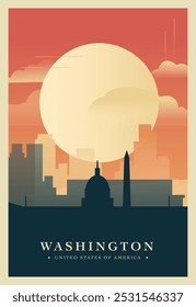 Cartaz de brutalismo de Washington, com vista abstrata para a cidade. Ilustração do vetor retro do distrito da capital dos EUA. Capa dianteira de viagem dos EUA, brochura, folheto, folheto, modelo de apresentação, imagem de layout