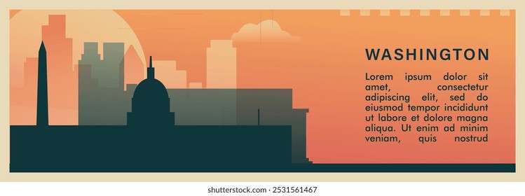 Anuncio de Vector de brutalismo de la ciudad de Washington con horizonte, paisaje urbano. Ilustración Horizontal retro del distrito de la capital de Estados Unidos. Estados Unidos de América diseño de viaje para presentación de Web, encabezado, pie de página