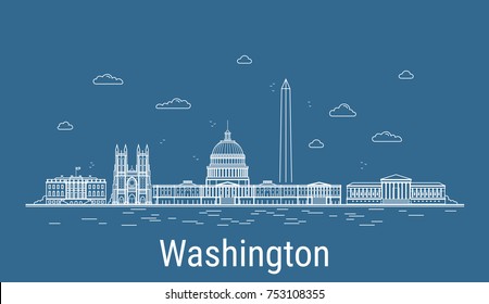 Washington city, Line Art Vector illustration with all famous buildings. Linear Banner with Showplace. Composition of Modern cityscape. Washington buildings set