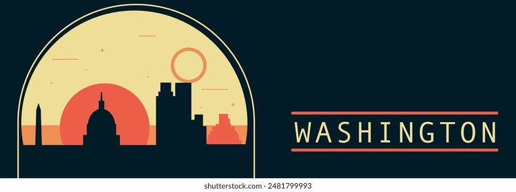 Anuncio de Vector de estilo retro de la ciudad de Washington con horizonte, paisaje urbano. Ilustración Horizontal vintage del estado de EE. Diseño de viajes de los Estados Unidos de América para presentación de Web, encabezado, pie de página