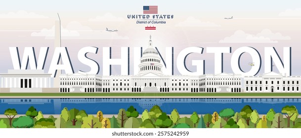 Washington city skyline colorful vector illustration. Travel poster