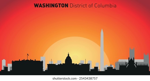 Horizonte de la ciudad de Washington con siluetas de edificios con el telón de fondo de un Grande sol amarillo y cielo naranja. Vector en el fondo de la puesta del sol