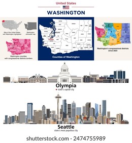 Washington counties map and congressional districts since 2023 map. Olympia (state's capital city) and Seattle (state's most populous city) skylines. Vector set