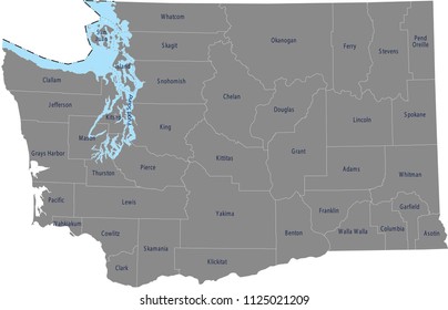 Washington counties map vector outline with counties names labeled in gray background