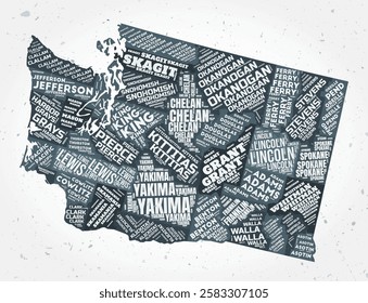 Washington counties word clouds. State shape on textured background. Washington design in typographic style. Artistic vector illustration.