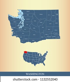 Washington county map vector outline with counties names labeled and USA map in blue background