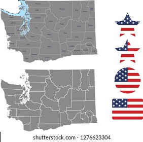 Washington county map vector outline in gray background. Washington state of USA map with counties names labeled and United States flag icon vector illustration designs