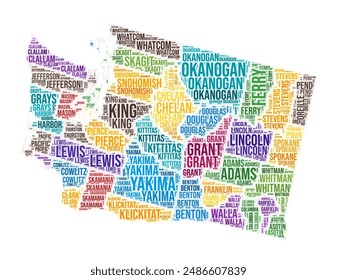 In: Washington County Word Cloud. In: State Shape Design. In: Washington Coloured Illustration. In: County names collage cloud. Vektorillustration.