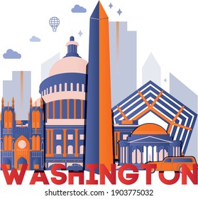 Washington culture travel night set, famous architectures and specialties in flat design. Business travel and tourism concept clipart. Image for presentation, banner, website, flyer, roadmap, icons