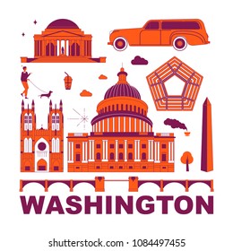 Washington culture travel set, famous architectures and specialties in flat design. Business travel and tourism concept clipart. Image for presentation, banner, website, advert, flyer, roadmap, icons