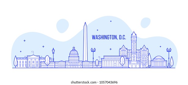 Washington, D. C. skyline, USA. This illustration represents the city with its most notable buildings. Vector is fully editable, every object is holistic and movable