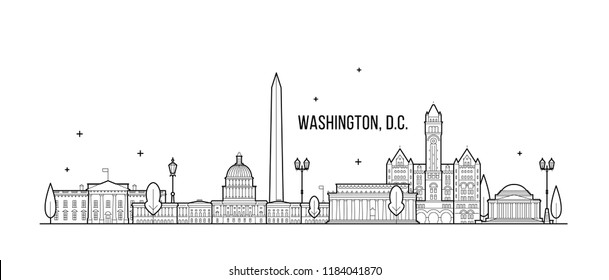 Washington, D. C. skyline, USA. This illustration represents the city with its most notable buildings. Vector is fully editable, every object is holistic and movable