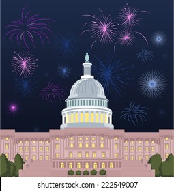 Washington DC Capitol Building With Open Firework Set Vector Illustration.