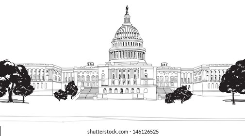 Washington DC Capitol with garden landscape, USA. Hand Drawn Pencil Vector Illustration.