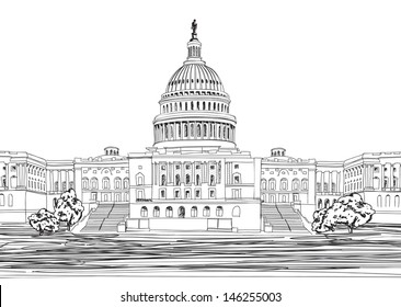 Washington DC Capitol landscape, USA. Hand Drawn Pencil Vector Illustration. 