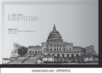 Washington DC Capitol landscape, USA. Hand Drawn Pencil Vector Illustration.