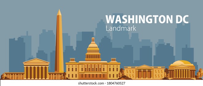 Washington DC City landmark, cityscape skyline flat illustration, America Government building