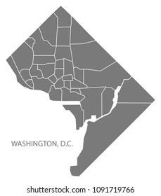 Washington DC City Map With Neighborhoods Grey Illustration Silhouette Shape