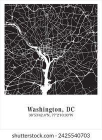 Washington, DC city map. Travel poster vector illustration with coordinates. Washington, DC, District of Columbia, The United States of America Map in dark mode.
