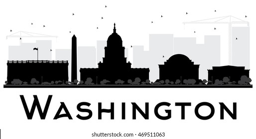Washington DC City skyline black and white silhouette. Vector illustration. Simple flat concept for tourism presentation, banner, placard or web site. Business travel concept. Cityscape with landmarks