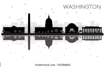Washington DC City skyline black and white silhouette with Reflections. Vector Illustration. Simple flat concept for tourism presentation, banner, placard or web site. Cityscape with landmarks.