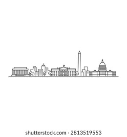 Washington dc city skyline featuring iconic monuments in line art. Black and white minimalist line art of the Washington DC skyline. Includes Capitol Building, White House, and Washington Monument. Ideal for travel brochures or educational materials.