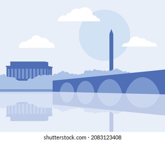 Washington DC city skyline vector landmark illustration featuring Arlington memorial bridge, Washington Monument, and Lincoln Memorial 