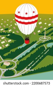 Washington DC city skyline. Vector illustration with aerostate (balloon). Travel and tourism concept. Image for postcard, banner.