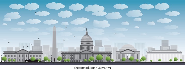 Washington DC city skyline. Vector illustration with cloud and blue sky. Business travel and tourism concept. Image for presentation, banner, placard and web site