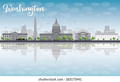 Washington DC city skyline. Vector illustration with cloud and blue sky. Business travel and tourism concept with place for text. Image for presentation, banner, placard and web site
