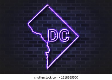 Washington DC o Distrito de Columbia mapean lámpara de neón brillante o tubo de vidrio. Ilustración vectorial realista. Muro de ladrillo negro, sombra suave.