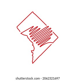 Washington DC, District of Columbia red outline map with the handwritten heart shape. Continuous line drawing. A love for a small homeland. T-shirt print idea. Vector illustration.