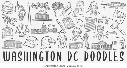 Washington DC Doodle Icons Black and White Line Art. United States Clipart Hand Drawn Symbol Design.