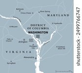 Washington, D.C., gray political map. District of Columbia, capital city and federal district of the United States. Located on Potomac River, across from Virginia, sharing land borders with Maryland.