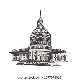 Washington DC landmarks hand drawn vector illustration, capitol building surrounded by blooming cherry trees. Sketch style, minimalistic palette.